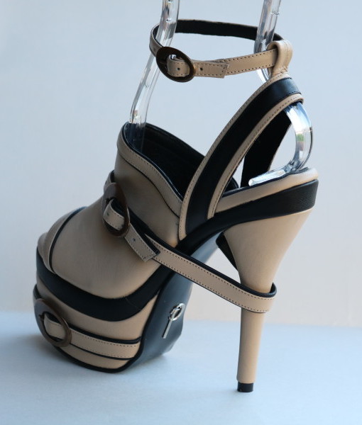 Beige and Black Leather Ankle Strap Slip On 2