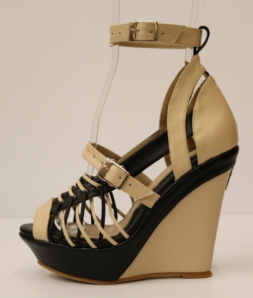 Beige and Black Artificial Leather Cross and Ankle Strap Wedge 1
