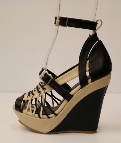 Black and Beige Artificial Leather Cross and Ankle Strap Wedge 1