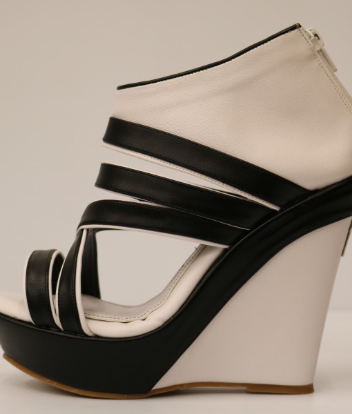 White and Black Artificial Leather Wedge Sandal 1